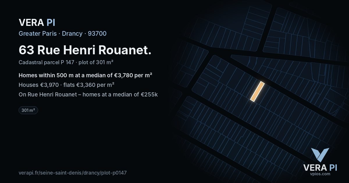 63 Rue Henri Rouanet, Drancy at night – the plot lit, the parcels around coloured by the prices near them