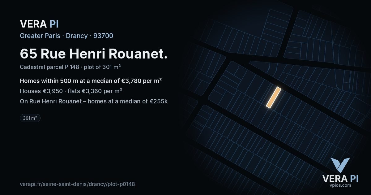 65 Rue Henri Rouanet, Drancy at night – the plot lit, the parcels around coloured by the prices near them