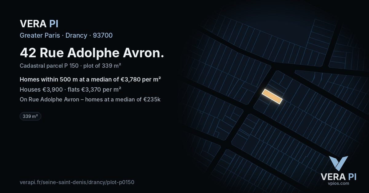 42 Rue Adolphe Avron, Drancy at night – the plot lit, the parcels around coloured by the prices near them