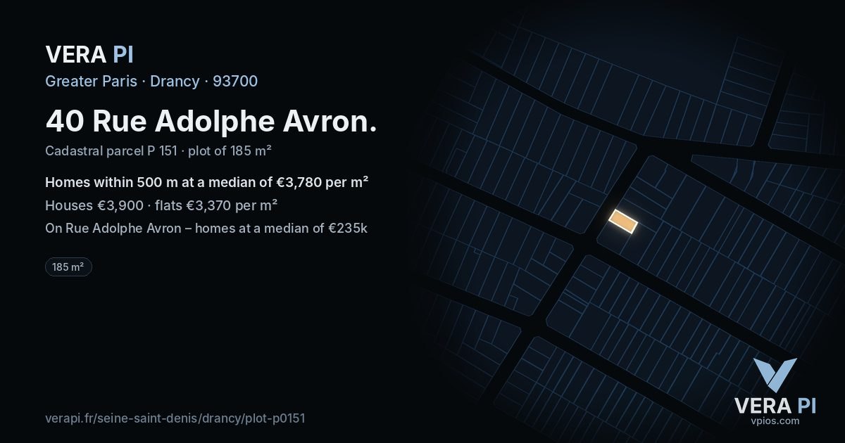 40 Rue Adolphe Avron, Drancy at night – the plot lit, the parcels around coloured by the prices near them