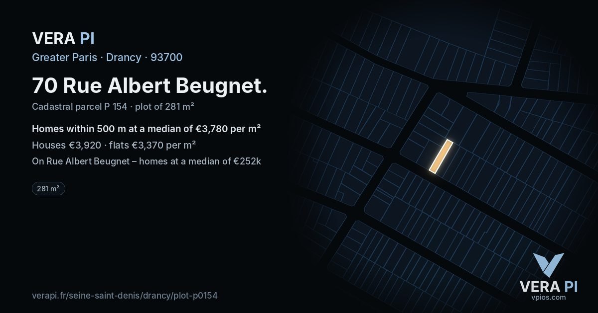70 Rue Albert Beugnet, Drancy at night – the plot lit, the parcels around coloured by the prices near them