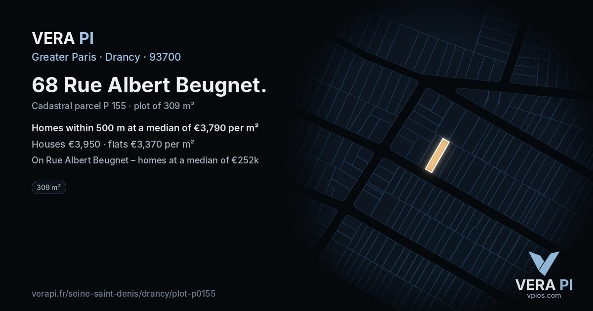68 Rue Albert Beugnet, Drancy at night – the plot lit, the parcels around coloured by the prices near them