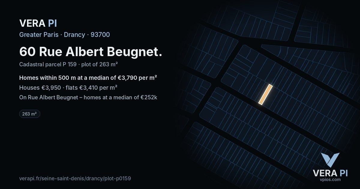 60 Rue Albert Beugnet, Drancy at night – the plot lit, the parcels around coloured by the prices near them
