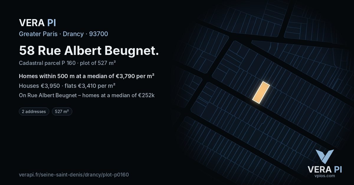58 Rue Albert Beugnet, Drancy at night – the plot lit, the parcels around coloured by the prices near them