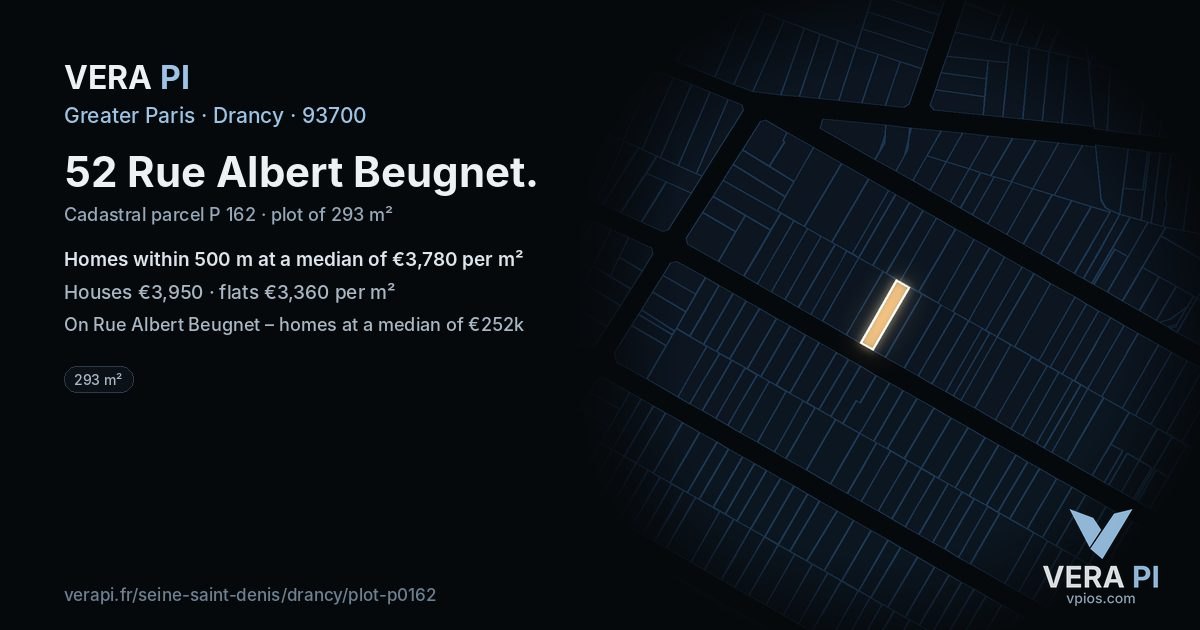 52 Rue Albert Beugnet, Drancy at night – the plot lit, the parcels around coloured by the prices near them