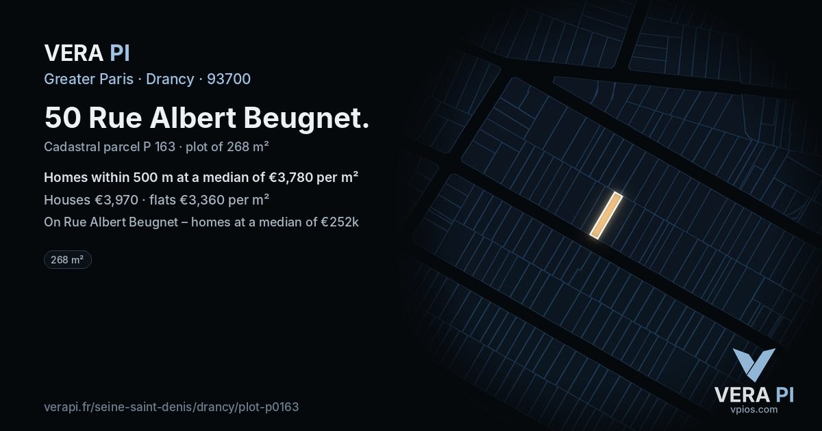 50 Rue Albert Beugnet, Drancy at night – the plot lit, the parcels around coloured by the prices near them
