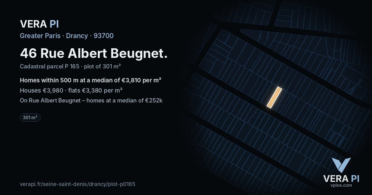46 Rue Albert Beugnet, Drancy at night – the plot lit, the parcels around coloured by the prices near them