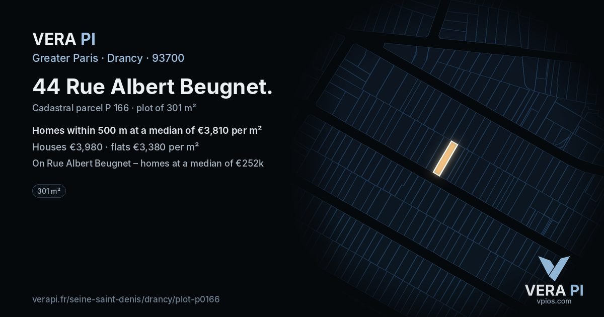 44 Rue Albert Beugnet, Drancy at night – the plot lit, the parcels around coloured by the prices near them