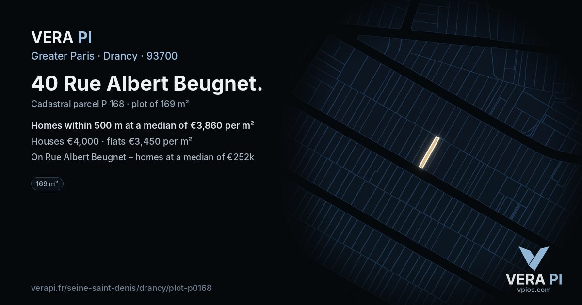 40 Rue Albert Beugnet, Drancy at night – the plot lit, the parcels around coloured by the prices near them