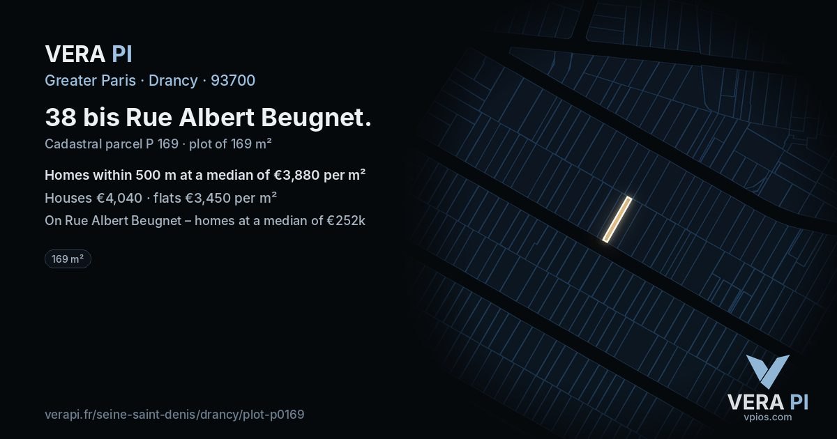 38 bis Rue Albert Beugnet, Drancy at night – the plot lit, the parcels around coloured by the prices near them