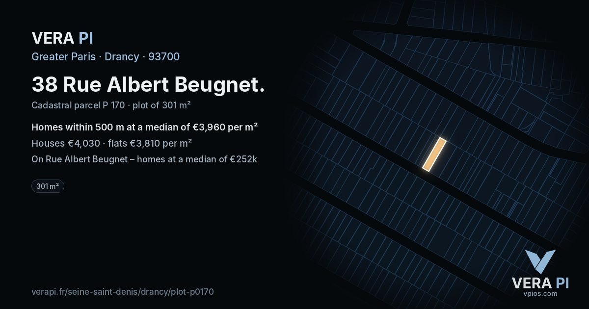 38 Rue Albert Beugnet, Drancy at night – the plot lit, the parcels around coloured by the prices near them