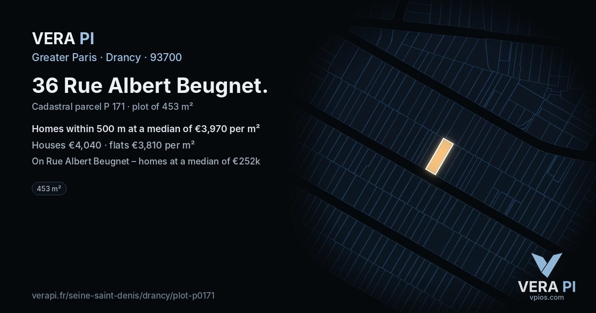 36 Rue Albert Beugnet, Drancy at night – the plot lit, the parcels around coloured by the prices near them