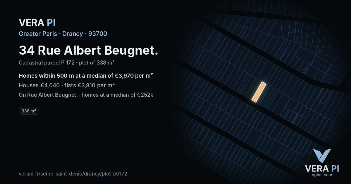 34 Rue Albert Beugnet, Drancy at night – the plot lit, the parcels around coloured by the prices near them