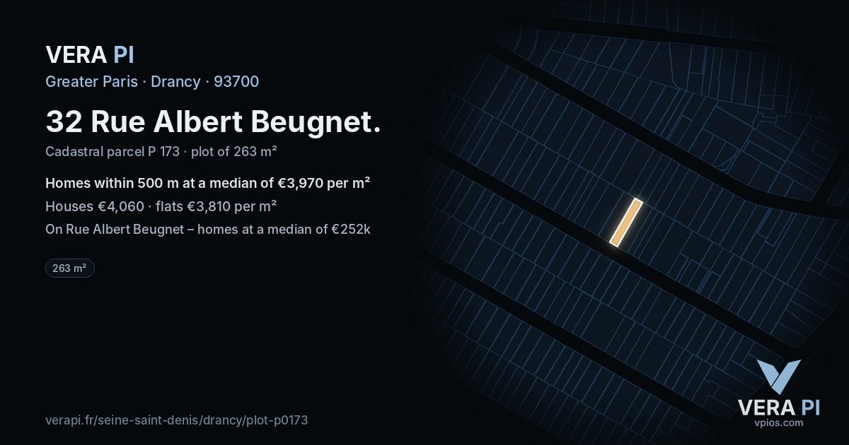 32 Rue Albert Beugnet, Drancy at night – the plot lit, the parcels around coloured by the prices near them
