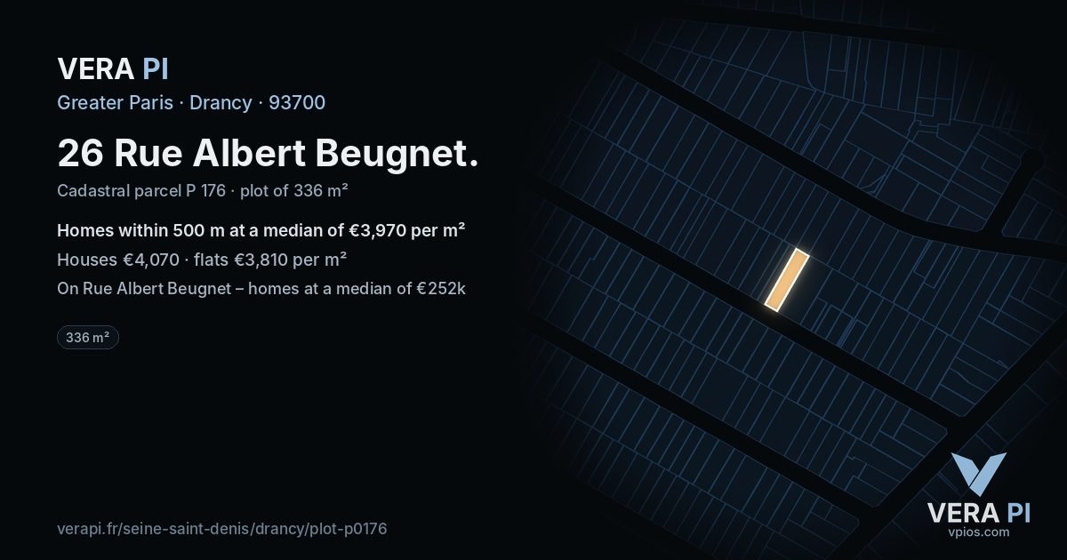 26 Rue Albert Beugnet, Drancy at night – the plot lit, the parcels around coloured by the prices near them