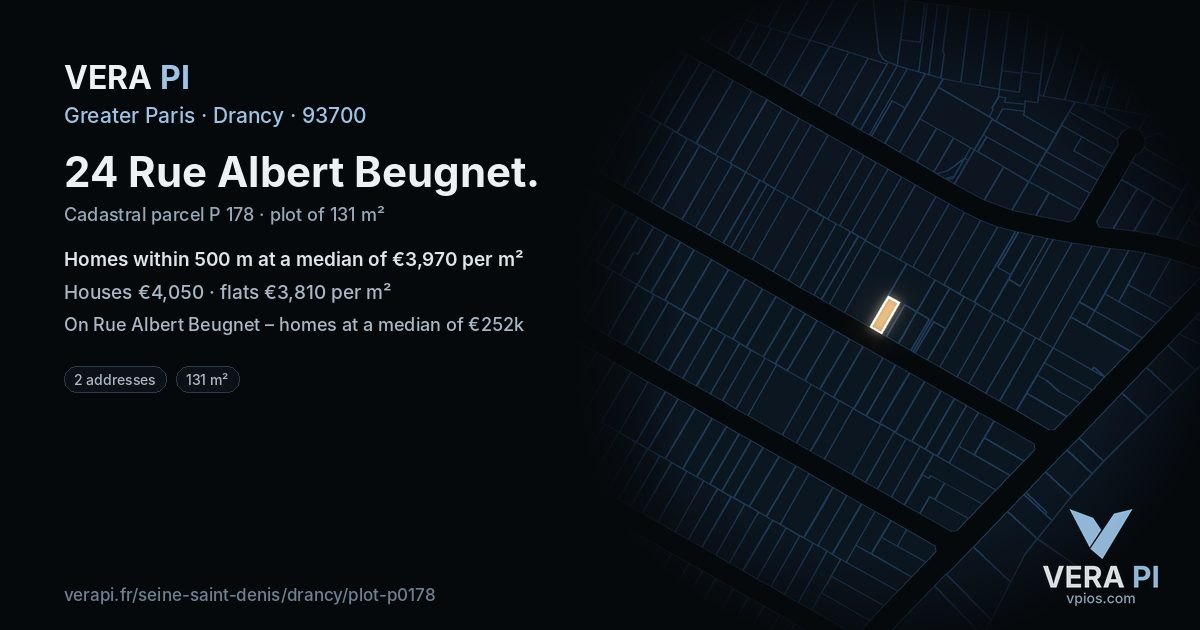 24 Rue Albert Beugnet, Drancy at night – the plot lit, the parcels around coloured by the prices near them