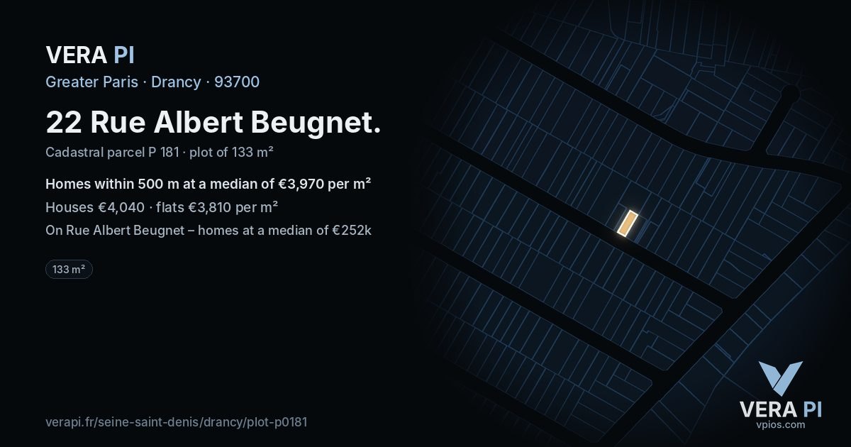 22 Rue Albert Beugnet, Drancy at night – the plot lit, the parcels around coloured by the prices near them