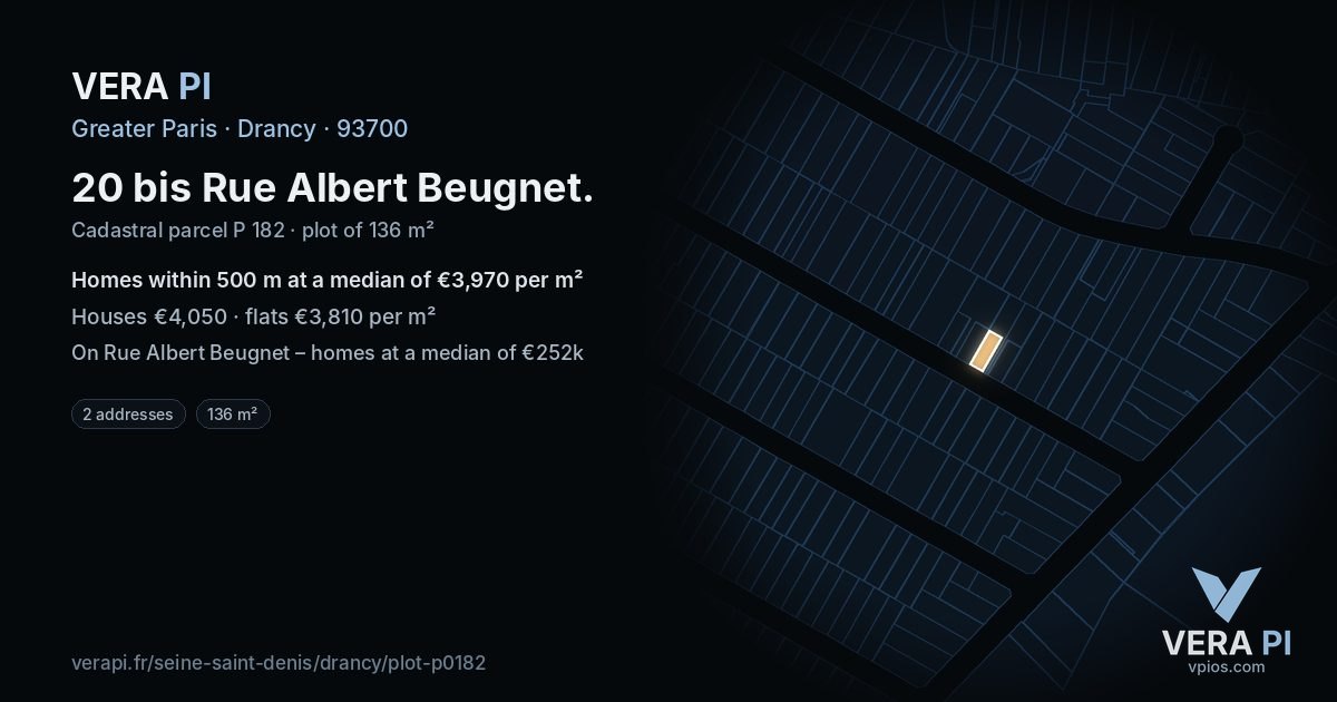 20 bis Rue Albert Beugnet, Drancy at night – the plot lit, the parcels around coloured by the prices near them