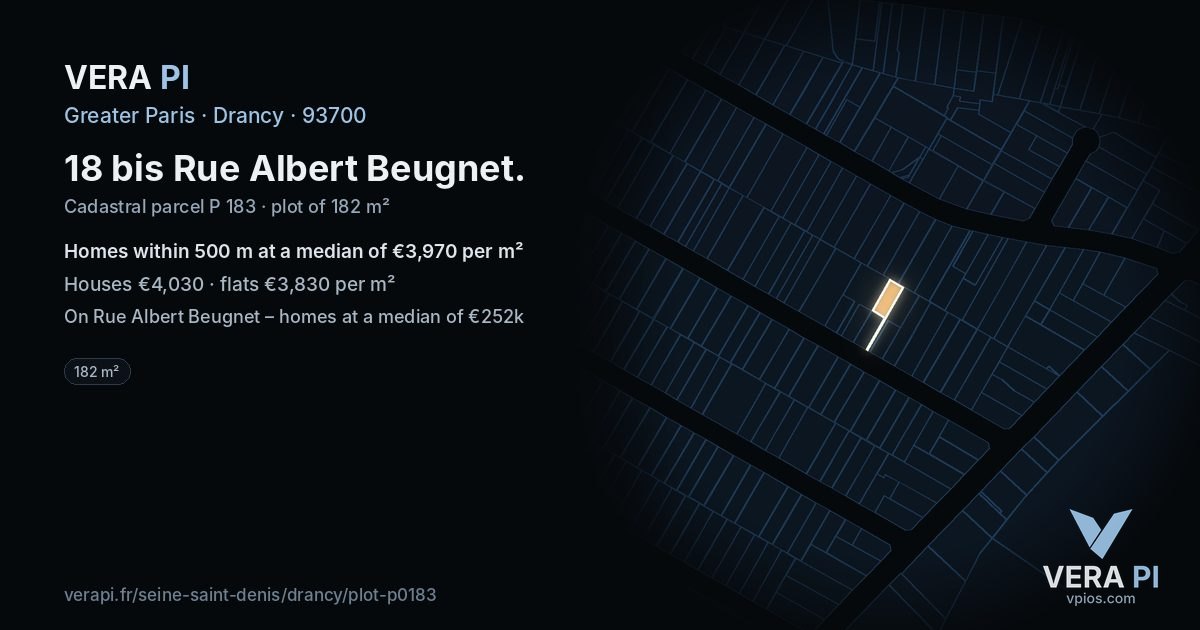18 bis Rue Albert Beugnet, Drancy at night – the plot lit, the parcels around coloured by the prices near them