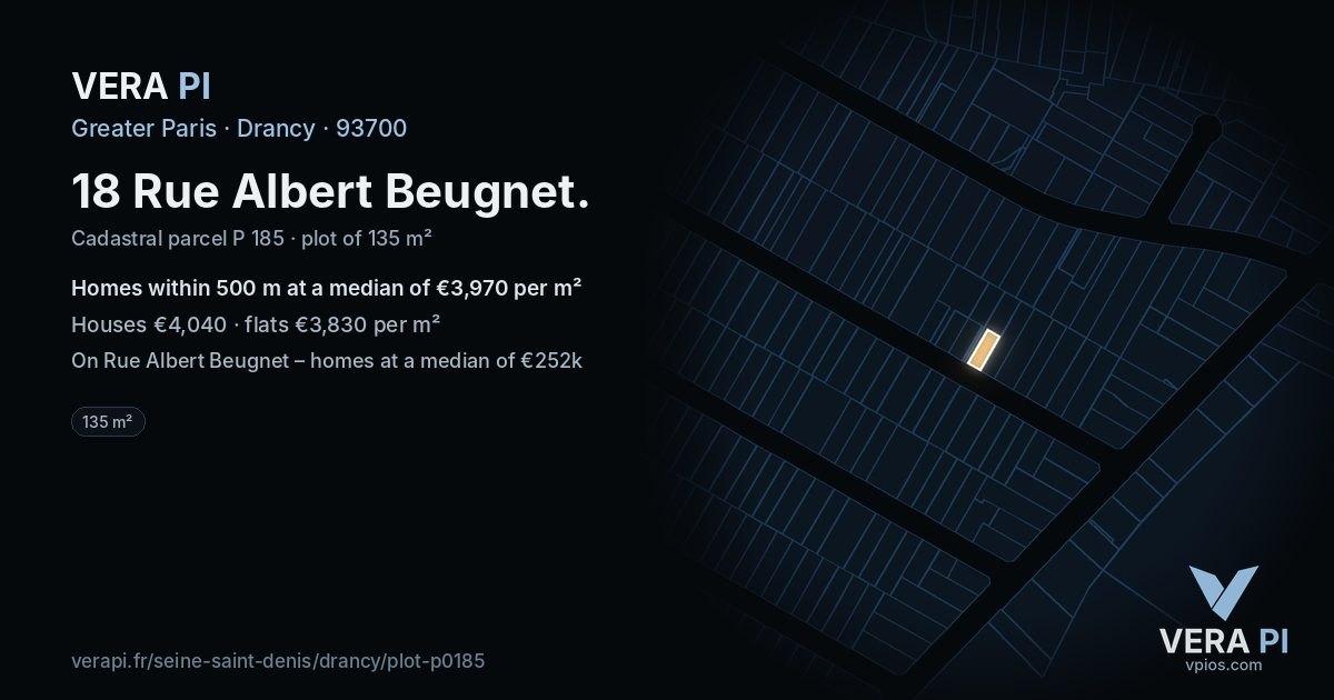 18 Rue Albert Beugnet, Drancy at night – the plot lit, the parcels around coloured by the prices near them