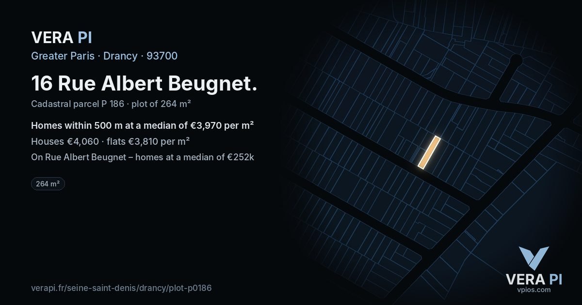 16 Rue Albert Beugnet, Drancy at night – the plot lit, the parcels around coloured by the prices near them