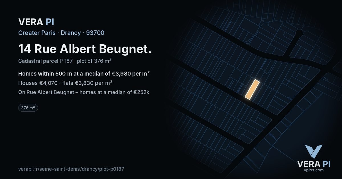 14 Rue Albert Beugnet, Drancy at night – the plot lit, the parcels around coloured by the prices near them