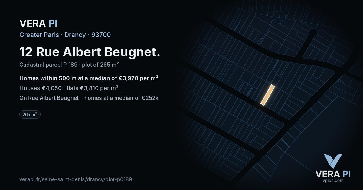 12 Rue Albert Beugnet, Drancy at night – the plot lit, the parcels around coloured by the prices near them
