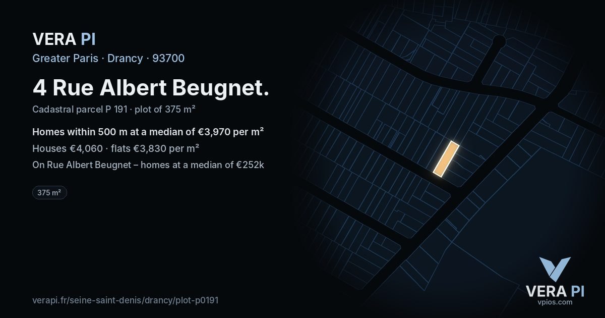 4 Rue Albert Beugnet, Drancy at night – the plot lit, the parcels around coloured by the prices near them