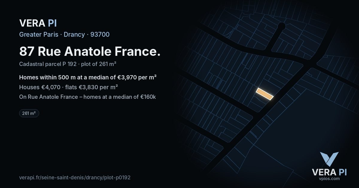 87 Rue Anatole France, Drancy at night – the plot lit, the parcels around coloured by the prices near them