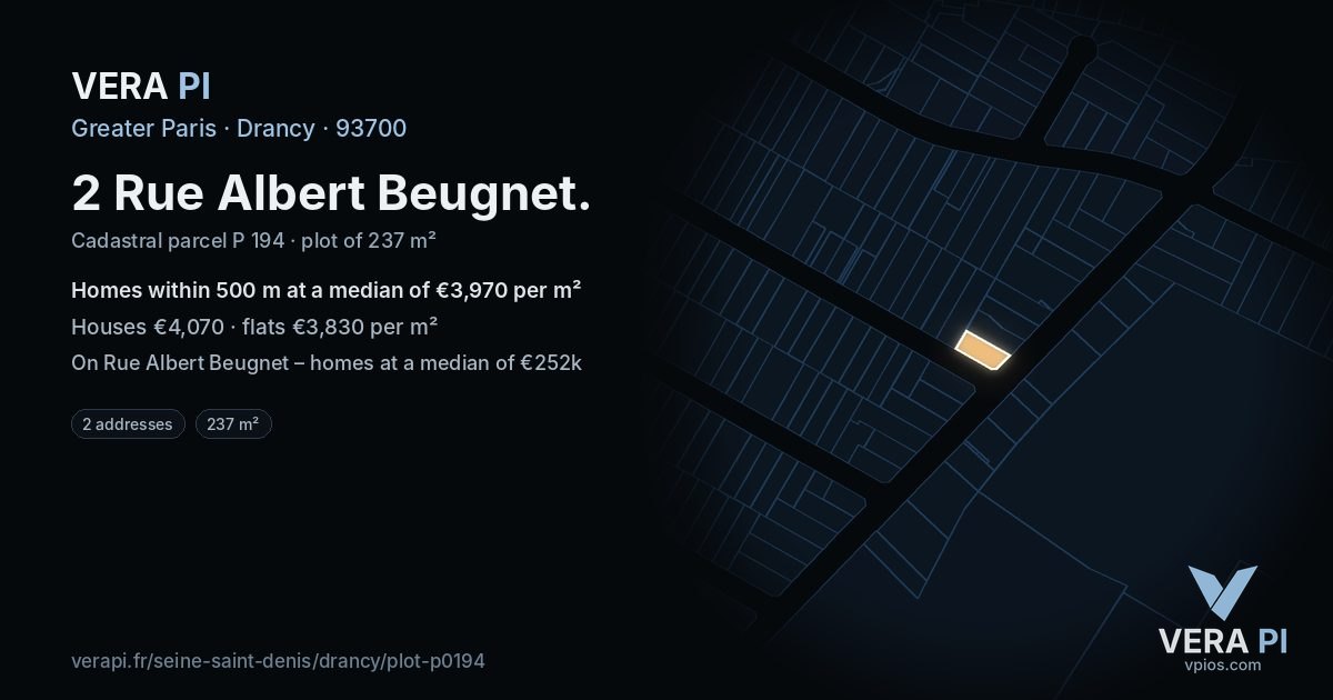 2 Rue Albert Beugnet, Drancy at night – the plot lit, the parcels around coloured by the prices near them