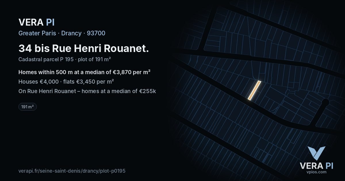 34 bis Rue Henri Rouanet, Drancy at night – the plot lit, the parcels around coloured by the prices near them