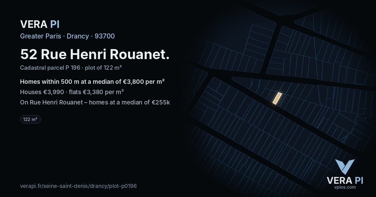 52 Rue Henri Rouanet, Drancy at night – the plot lit, the parcels around coloured by the prices near them