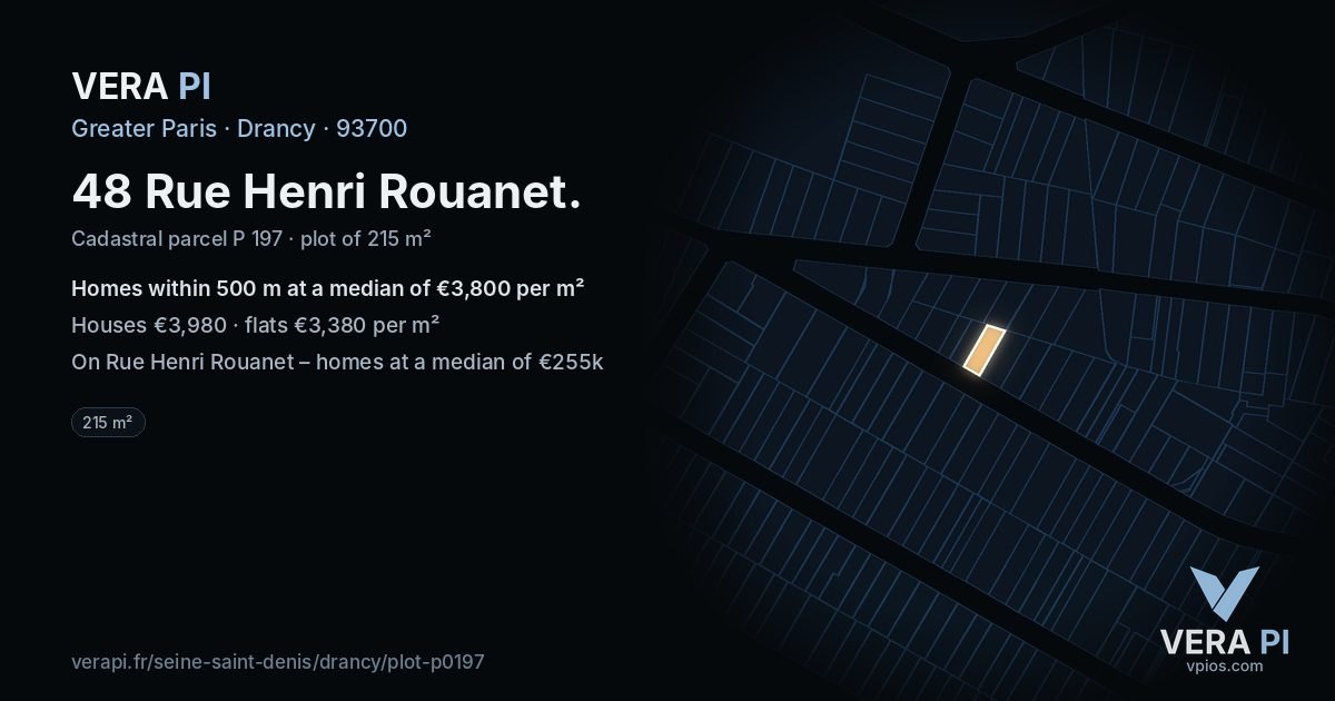 48 Rue Henri Rouanet, Drancy at night – the plot lit, the parcels around coloured by the prices near them