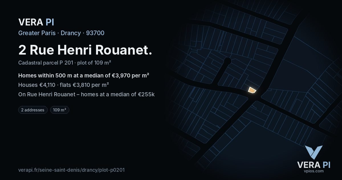 2 Rue Henri Rouanet, Drancy at night – the plot lit, the parcels around coloured by the prices near them