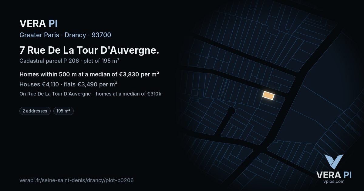 7 Rue De La Tour D'Auvergne, Drancy at night – the plot lit, the parcels around coloured by the prices near them