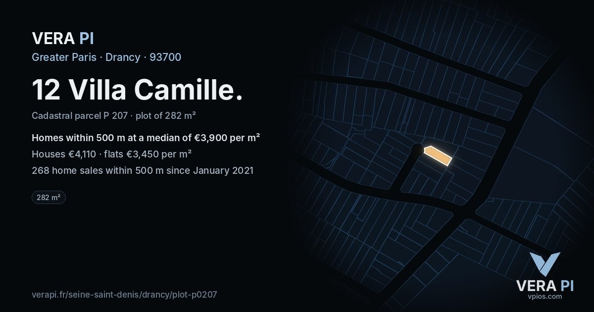 12 Villa Camille, Drancy at night – the plot lit, the parcels around coloured by the prices near them