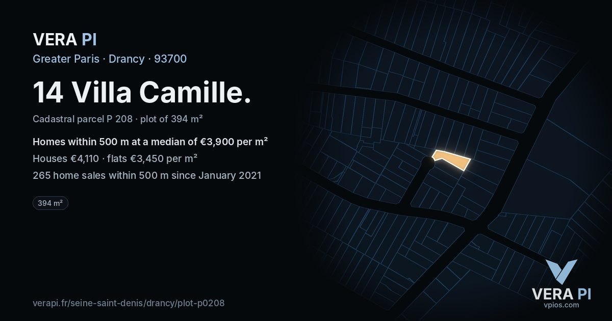 14 Villa Camille, Drancy at night – the plot lit, the parcels around coloured by the prices near them