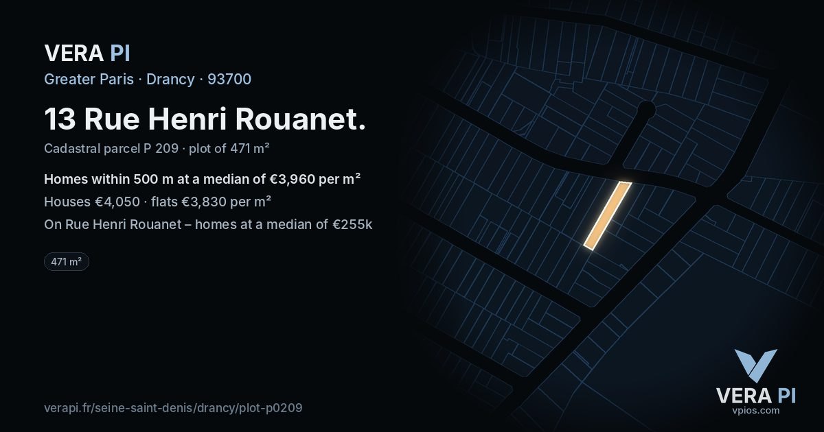 13 Rue Henri Rouanet, Drancy at night – the plot lit, the parcels around coloured by the prices near them
