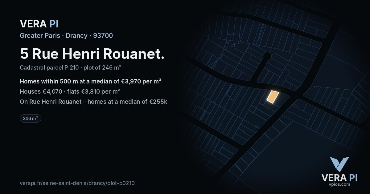 5 Rue Henri Rouanet, Drancy at night – the plot lit, the parcels around coloured by the prices near them