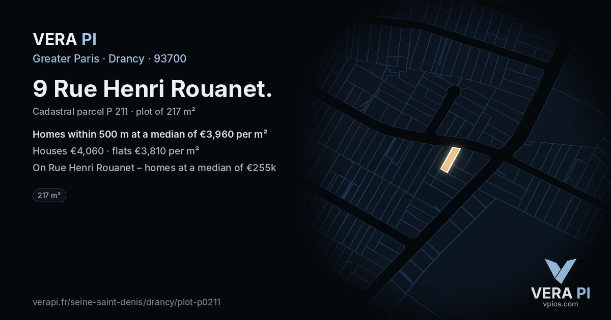 9 Rue Henri Rouanet, Drancy at night – the plot lit, the parcels around coloured by the prices near them