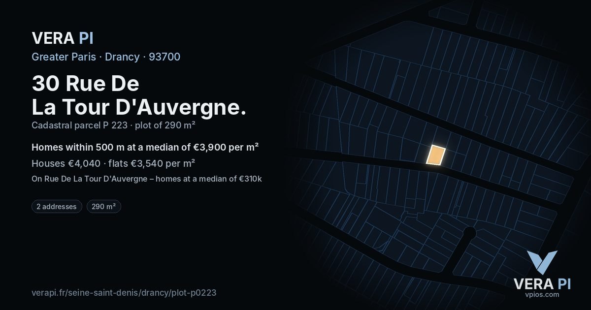 30 Rue De La Tour D'Auvergne, Drancy at night – the plot lit, the parcels around coloured by the prices near them