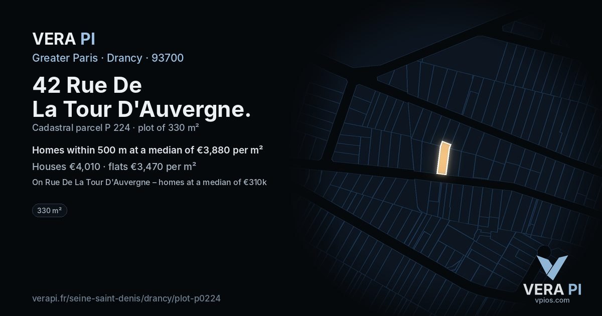 42 Rue De La Tour D'Auvergne, Drancy at night – the plot lit, the parcels around coloured by the prices near them
