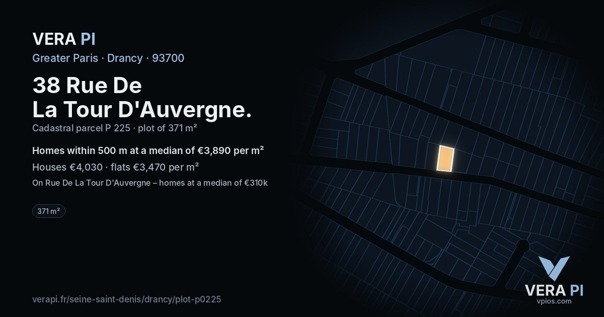 38 Rue De La Tour D'Auvergne, Drancy at night – the plot lit, the parcels around coloured by the prices near them