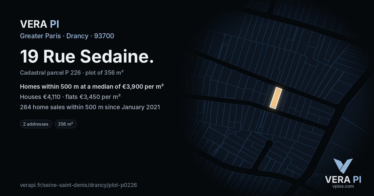 19 Rue Sedaine, Drancy at night – the plot lit, the parcels around coloured by the prices near them