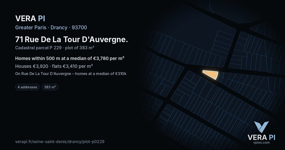 71 Rue De La Tour D'Auvergne, Drancy at night – the plot lit, the parcels around coloured by the prices near them