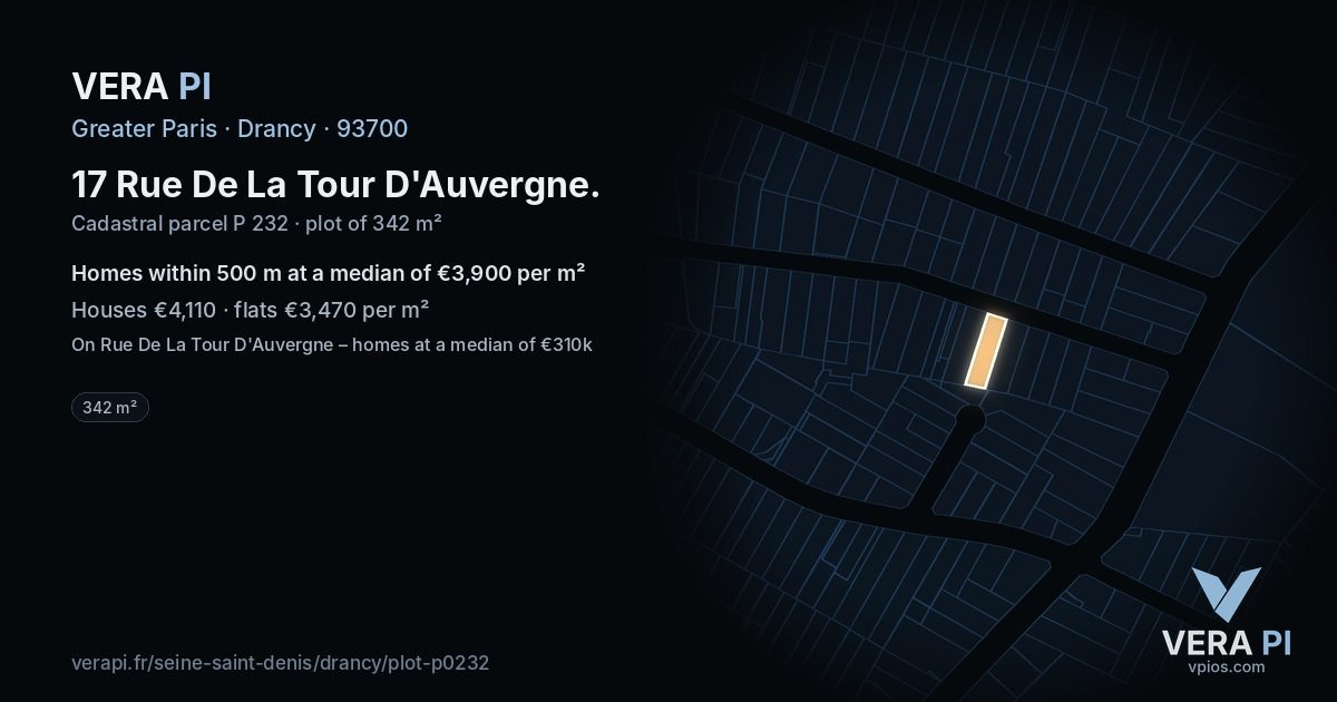 17 Rue De La Tour D'Auvergne, Drancy at night – the plot lit, the parcels around coloured by the prices near them