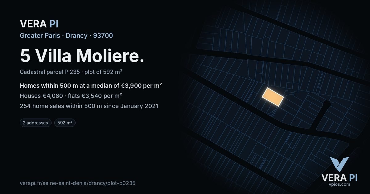 5 Villa Moliere, Drancy at night – the plot lit, the parcels around coloured by the prices near them
