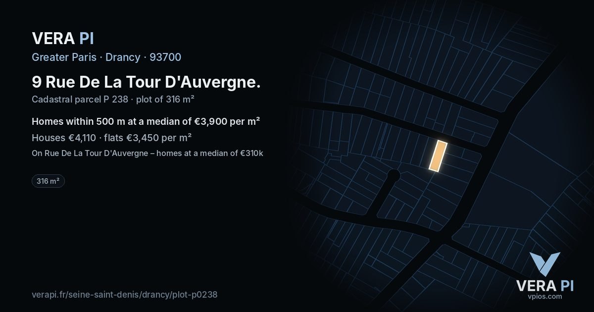 9 Rue De La Tour D'Auvergne, Drancy at night – the plot lit, the parcels around coloured by the prices near them