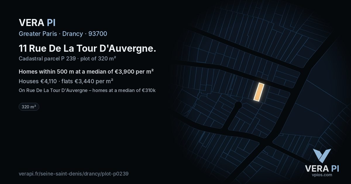 11 Rue De La Tour D'Auvergne, Drancy at night – the plot lit, the parcels around coloured by the prices near them