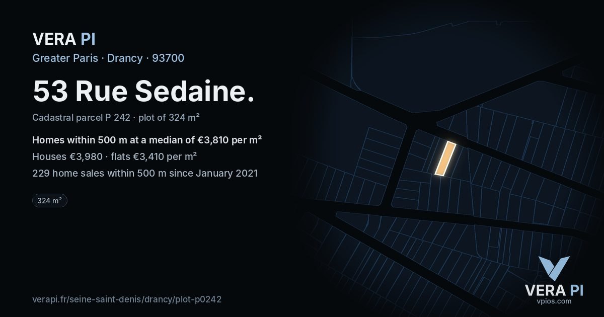 53 Rue Sedaine, Drancy at night – the plot lit, the parcels around coloured by the prices near them